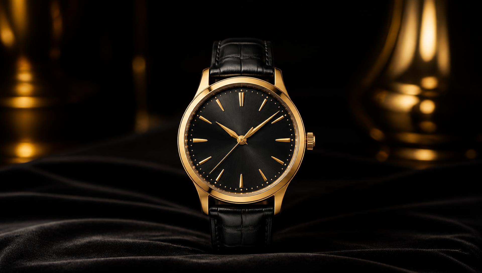 A classical VELORA dress watch with gold case and black dial, centered on dark velvet