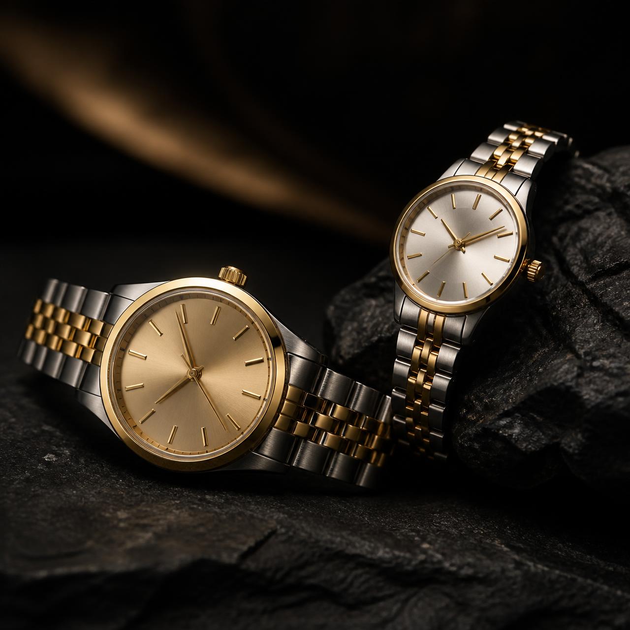 A pair of VELORA watches arranged on dark stone