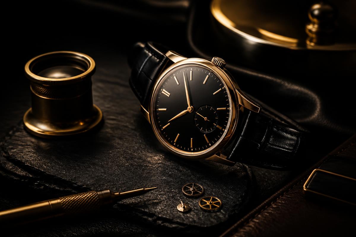 A watchmaker's bench with tools and a VELORA watch